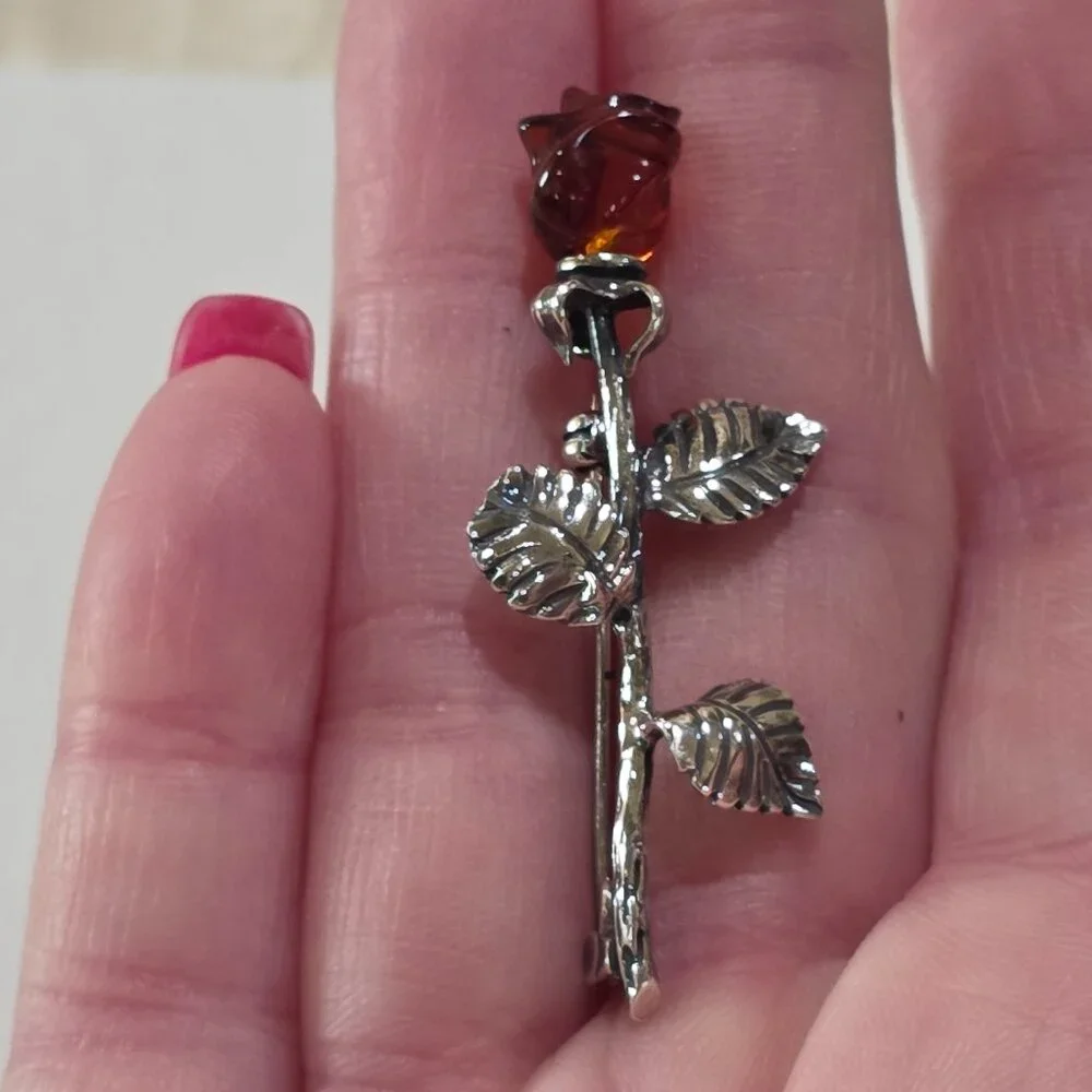 Vintage Carved Baltic Amber Rose Flower High Detail Sterling Silver Pin Brooch